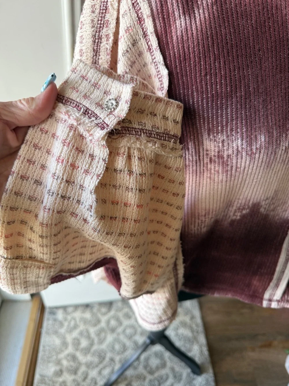 POL WILD BERRY/FLORAL  Cream Tie-Dye Patchwork button down long sleeve top - Picture 5 of 12